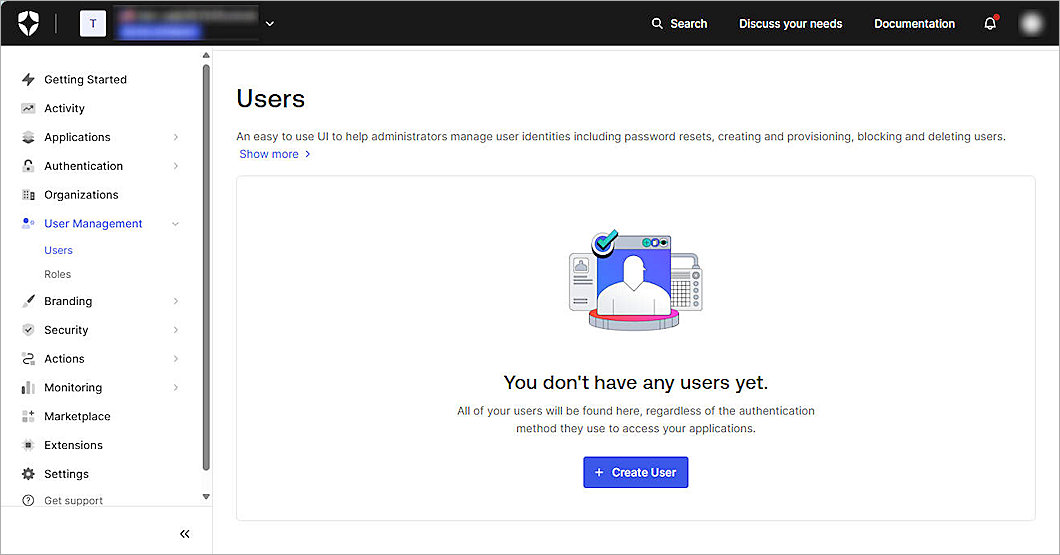 Screenshot of the Auth0 users page, where you create a new user.